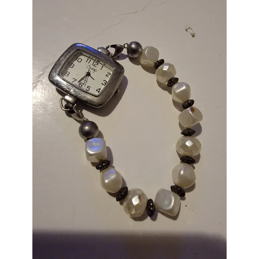 Swap Ladies Watch Quartz Japan Movement White Stone Like Bead